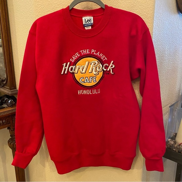 Vintage LEE Hard Rock Cafe Honolulu Embroidery Red Sweater Size Medium-Unisex - Picture 1 of 8